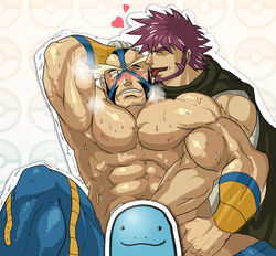 abs artist_request bara beard blush blushing byron_(pokemon) censored closed_eyes crasher_wake ear_licking facial_hair gay human human_only licking licking_face male male/male male_only muscles muscular muscular_male one_eye_closed pecs pokemon quagsire simple_background sweat sweating tagme tongue