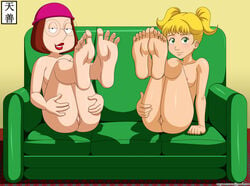 2girls barefoot blonde_hair brown_hair crossover dorothy_ann family_guy feet female female_only foot_fetish foot_focus glasses green_eyes human meg_griffin multiple_girls nude presenting_feet smile smiling soles tenzen the_magic_school_bus toes uncensored