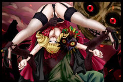 ankle_grab arm_grab ass black_panties blonde_hair blush breasts crossover crown female garter_belt garter_straps high_heels holding huge_breasts human king_of_fighters kinniku_buster leg_grab majora's_mask majora_(entity) monster nintendo open_mouth panties restrained rose_bernstein shoes skull_kid snk spread_legs straight_hair the_legend_of_zelda the_moon_(tloz) tongue top-down_bottom-up underwear upside-down wrist_grab