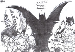 1boy 6girls batman batman_(series) blacktortoise blush breasts bruce_wayne catwoman dc dc_comics female harley_quinn hawkgirl justice_league kara_zor-l karen_starr male monochrome multiple_girls naked_female nipples poison_ivy power_girl pussy selina_kyle shocked_expression straight_hair superhero superheroine supervillainess wonder_woman wonder_woman_(series)