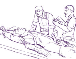 2d 3boys abs bad_medicine bondage brown_hair buzz_cut duplicated_character engineer engineer_(team_fortress_2) erection exam_table examination_table experiment facial_hair gay glasses_removed gloves goggles goggles_on_forehead hands_above_head human human_male human_only labcoat lying_on_back male male_only medic medic_(team_fortress_2) mouth_open necktie on_table open_shirt pants_down pecs precum_bubble remote_control restrained sex_toy shadowfire00x sweat sweating team_fortress_2 tied_hands vibrator_on_penis wrists_tied yaoi