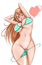 bikini bouncing_breasts breasts brown_eyes cleavage curvy female female_only hips jagi_(nexboy) large_breasts long_hair nami navel one_eye_closed one_piece open_mouth orange_hair pussy shounen_jump simple_background solo stomach striped_bikini teeth thick_thighs thighs tongue undressing white_background wide_hips wink