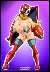 arm_cannon armor female genderswap_(mtf) helmet hyper hyper_breasts lipstick mega_man mega_man(classic) open_mouth proto_man pubic_hair rule_63 scarf shield solo superbustycartoon