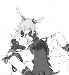 2girls animal_ears blush closed_eyes gloves greyscale hair_over_one_eye headphones headphones_around_neck highres honkai_(series) honkai_impact_3rd horns implied_cunnilingus long_hair maiqo monochrome multiple_girls nail_polish parted_lips raiden_mei raiden_mei_(herrscher_of_thunder) single_thighhigh spot_color thighhighs yae_sakura yae_sakura_(goushinnso_memento) yuri