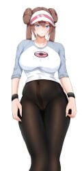 1girls :o blue_eyes blush breasts brown_hair crop_top female game_freak highleg_panties large_breasts light-skinned_female light_skin long_legs nintendo panties pantyhose pokemon pokemon_bw2 ranhatu rosa_(pokemon) slim_waist twin_buns twintails wristband