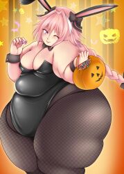 1boy ;p astolfo_(fate) bow braided_hair bunny_boy bunny_ears bunnysuit candy chubby fat fate_(series) femboy fishnets girly halloween jack-o'-lantern male obese overweight pink_hair purple_eyes sweetdreamcoffe thick_thighs thighs tongue_out type-moon wink