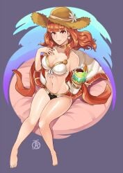 1girls 2022 alternate_costume arm_up artist_logo barefoot bikini breasts celica_(fire_emblem) choker color cup drink earrings female female_only fire_emblem fire_emblem_echoes:_shadows_of_valentia gold_choker gold_trim hat hi_res highres hips holding holding_cup holding_object jewelry large_breasts large_hat nintendo orange_eyes orange_hair red_eyes red_hair revolverwingstudios seashell shell shell_earrings sitting slim_waist straw_hat sun_hat swimsuit thighs white_bikini white_swimsuit