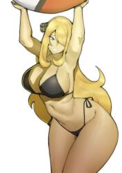 1girls alternate_breast_size armpits big_breasts bikini blonde_hair breasts cynthia_(pokemon) doublehero game_freak hair_ornament huge_breasts long_hair micro_bikini nintendo pokemon pokemon_dppt side-tie_bikini solo standing thick_thighs thin_waist white_background wide_hips