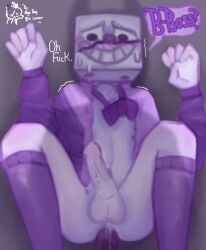 big_penis black_eyes black_skin cuphead_(game) gay_sex king_dice male_penetrated nervous nervous_smile purple_clothes purple_clothing purple_socks sex the_devil_(cuphead) white_skin