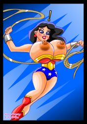 ! blue_eyes blush dc dc_comics earrings erect_nipples eyelashes female hyper hyper_breasts lasso lipstick solo superbustycartoon wonder_woman wonder_woman_(series) wristband