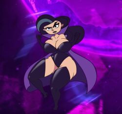 1girls battletoads battletoads_(2020) big_breasts black_hair cape choker cleavage dark_queen edit female kecomaster screencap screenshot_edit solo thick_thighs wide_hips