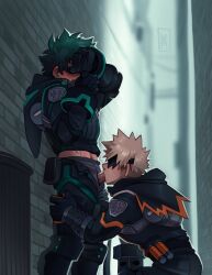 2boys blonde_hair blowjob clothed_sex clothing fellatio gay green_hair hero_outfit_(mha) izuku_midoriya katsuki_bakugou male male/male male_only my_hero_academia my_hero_academia_the_movie:_world_heroes’_mission oral penis_in_mouth penis_through_underwear spiky_hair suck_him_dry sucking_penis wildmage yaoi