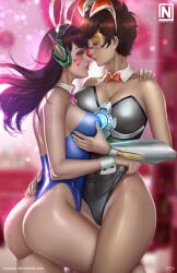 2girls absurd_res artist_logo artist_name ass bangs bare_shoulders blizzard_entertainment blush bowtie breasts brown_hair bunny_ears bunny_girl bunnysuit cleavage closed_eyes d.va female female_focus female_only freckles goggles grabbing groping hi_res lipstick long_hair looking_at_another nopeys orange-tinted_eyewear overwatch short_hair thick_ass thick_thighs thighs tinted_eyewear tracer visor yuri