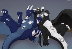 absurd_res anus blue_body blush bondage bound claws conditional_dnp disembodied_hand dragon duo feet female feral fur furry genitals hands_everywhere hi_res horn luna_fluff paws pikajota pussy shy spread_legs spreading toe_claws toes trapped wings