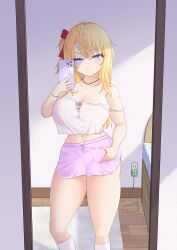 1futa _elitehamster_ balls big_breasts big_penis blonde_hair breasts bulge clothed clothing erection erection_under_clothes fully_clothed futa_only futanari grabbing_bulge human light-skinned_futanari light_skin long_hair penis selfie short_shorts shorts solo standing thick_thighs