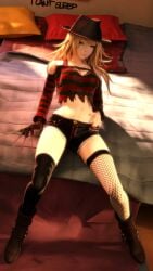 blonde_hair blue_eyes bra claws cleavage denim_shorts fishnet girl long_hair mtf_crossgender nightmare_on_elm_street rule_63 short_shorts sicksim thighhighs