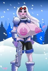 armor blush boots disney elsa_(frozen) eyelashes female frozen_(film) goggles_on_head gun hyper hyper_breasts nipples snow snowing solo superbustycartoon