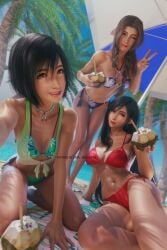 3d 3d_(artwork) 3girls aerith_gainsborough beach big_breasts bikini female female_only final_fantasy final_fantasy_vii final_fantasy_vii_remake floral_print laying_down long_hair photo pose ria-neearts selfie short_hair smile smiling_at_viewer smooth_skin square_enix swimsuit swimwear thick_thighs tifa_lockhart v_sign wink winking_at_viewer yuffie_kisaragi