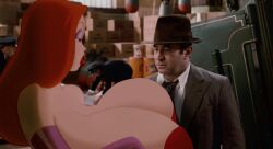 1girls breasts breasts_bigger_than_head breasts_on_chest cleavage disney eddie_valiant edit female gigantic_breasts green_eyes huge_breasts hyper_hourglass jessica_rabbit kecomaster male purple_gloves red_hair screencap screenshot screenshot_edit who_framed_roger_rabbit