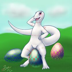 1:1 2022 4_toes 5_fingers absurd_res albino arm_markings big_tail blue_sky blush bodily_fluids chest_markings cleft_of_venus clitoris cloud crotch_lines crusch_lulu cute_fangs dated day digital_drawing_(artwork) digital_media_(artwork) digitigrade easter easter_egg egg eyelashes featureless_chest feet female fingers flat_chested front_view genital_fluids genitals grass hand_on_hip hi_res holidays leg_markings lizard lizardman_(overlord) long_tail looking_at_viewer markings membrane_(anatomy) neck_markings nude open_mouth open_smile outside overlord_(maruyama) pink_clitoris pink_markings pink_tongue plant pupils pussy pussy_juice raised_arm red_eyes reptile scales scalie signature sitting sitting_on_egg sky slit_pupils smile smiling_at_viewer snout solo spe straddling tail_markings thick_tail thick_thighs thigh_markings toes tongue tribal tribal_markings webbed_feet white_body white_scales