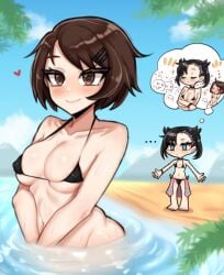 ... 2girls beach big_breasts bikini black_hair blue_eyes blush breast_envy breasts brown_eyes brown_hair btms666 female female_only game_freak gloria_(pokemon) happy hearts marnie_(pokemon) micro_bikini nintendo pokemon pokemon_ss short_hair smile twintails