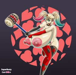 1girls batman_(series) breasts dc dc_comics elbow_gloves eyeshadow female female_only gigantic_breasts gloves hammer harley_quinn huge_breasts huge_nipples hyper hyper_breasts lipstick mallet naked nipples open_mouth pubic_hair solo suicide_squad superbustycartoon thighhighs twintails