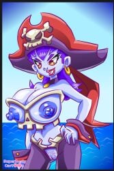 blue_skin female hand_on_hip hoop_earrings hyper hyper_breasts lipstick long_hair pirate pirate_hat pubic_hair purple_hair risky_boots shantae shaved_pussy smooth_skin solo superbustycartoon