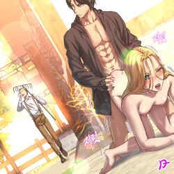 1girls 2boys abs all_fours alligator almost_caught ambiguous_penetration artist_name artist_request athletic_male attack_on_titan black_hair blind blonde_hair cheating cheating_wife completely_nude_female cuck disheveled_hair doggy_style eight_pack erehisu eren_jaeger farmer farmer-kun female fit_male hair_down happy_sex hidden_sex highres historia_reiss jacket_only jacket_open long_hair looking_for_someone male male_abs medium_breasts mostly_nude_male muscular_male netorare ntr one_eye_closed outside_sex queen royal royalty secret_sex soldier