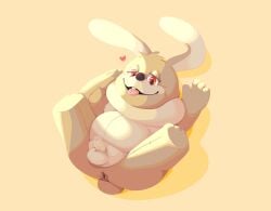 2022 anthro anus balls belly brown_body erection genitals heart kemono kynosura lagomorph leporid lying male mammal overweight overweight_male penis plushie rabbit solo tongue tongue_out