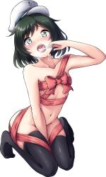 absurdres between_legs black_hair black_legwear blush bound breasts collarbone cum cum_in_mouth facial female finger_to_tongue flat_chest full_body green_eyes hand_between_legs hat heart heart-shaped_pupils highres kazuto_09 kneeling knees_together_feet_apart looking_at_viewer minamitsu_murasa naked_ribbon navel nude open_mouth ribbon sailor_hat saliva short_hair solo sweat symbol-shaped_pupils tears thighhighs tongue tongue_out touhou uvula