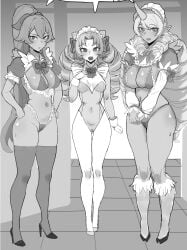 3girls bare_legs belly big_breasts blush bra breasts cafe_cutie_gwen cafe_cutie_sivir cafe_cutie_soraka cafe_cuties_series curled_hair curvy eager female female_focus female_only frills gwen_(league_of_legends) hand_on_hips high_heels hooves horn hudak large_breasts league_of_legends long_hair looking_at_viewer maid_headdress midriff monochrome navel open_mouth panties pointy_ears ponytail ribbon sivir size_difference skindentation slim_waist small_breasts soraka speech_bubble standing star-shaped_pupils stockings thighhighs thin_waist thong tongue trio twintails wide_hips