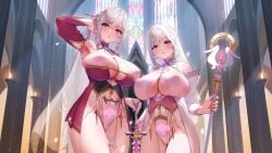 2girls absurdres arm_up blush breasts cameltoe cape church cleavage_cutout clothing_cutout covered_navel covered_nipples crystal detached_sleeves dress female female_only hair_between_eyes highres holding holding_weapon huge_breasts indoors leotard long_hair looking_at_viewer multiple_girls non-web_source nun ogre_(illustogre) original pubic_tattoo purple_eyes red_dress staff stained_glass standing sword tattoo weapon white_background white_dress