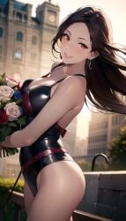 1girls ai_generated ai_mirror belt black_bodysuit blush bouquet_of_flowers brown_eyes brown_hair building bush earrings long_hair looking_at_viewer medium_ass medium_breasts park red_belt side_view smile stone_wall tree white_skin wooden_fence