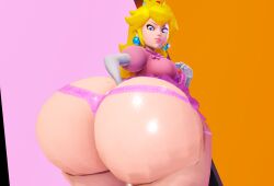 1girls 3d 3d_(artwork) alternate_ass_size alternate_version_available ass ass_bigger_than_head big_ass blonde_hair blue_eyes breasts bubble_butt clothing dress female female_only huge_ass long_hair looking_back mario_(series) pink_dress prevence princess_peach simple_background solo standing