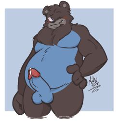 anthro bear big_penis black_body black_fur blue_body blue_eyes blue_fur blush bodily_fluids chubby_male cum cum_drip dripping fan_character fangs fur genital_fluids genitals hand_on_hip looking_at_viewer male mammal mikifluffs one_eye_closed pecs penis precum slightly_chubby smile smiling_at_viewer solo teeth wink winking_at_viewer