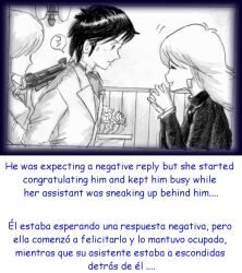 1boy 2girls black_and_white black_hair comic english_text groom gun long_hair milda7 short_hair spanish_text suit text translated