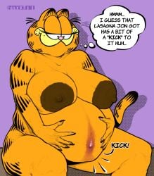 absurd_res anthro areola band1tnsfw belly big_areola big_belly big_breasts big_nipples breasts dark_nipples digital_drawing_(artwork) digital_media_(artwork) domestic_cat eyelashes felid feline felis female female_anthro female_focus fur garfield_(series) garfield_the_cat hi_res holding_belly long_eyelashes looking_at_belly mammal nipples orange_body orange_fur orange_skin overweight overweight_anthro overweight_female paramount_pictures paws,_inc. pink_nose pregnant pregnant_anthro pregnant_female rule_63 simple_background smile solo sound_effects stretch_marks stripes thick_thighs thought_bubble vein veiny_breasts