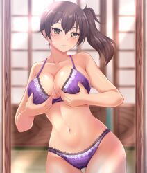 blush bra breast_grab breasts brown_hair cleavage kaga_(kantai_collection) kantai_collection large_breasts lingerie looking_at_viewer navel panties purple_bra purple_panties side_ponytail standing sweat tagme yellow_eyes zanntetu