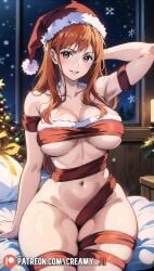 ai_generated arm_behind_head arm_support bandage bare_shoulders bed big_breasts blush brown_eyes christmas christmas_clothing christmas_hat christmas_outfit christmas_tree cleavage collarbone creamy_ai female female_only hi_res indoors long_hair naked_bandage nami nami_(one_piece) navel night one_piece orange_hair parted_lips patreon_username perky_breasts post-timeskip sitting smile snow thick_thighs thighs thighs_together wavy_hair wide_hips