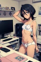 1girls ai_generated black_hair bleach book bra computer desk female female_only hair_between_eyes kuchiki_rukia looking_at_viewer messy messy_room panties petite print_panties shiny_skin small_breasts solo