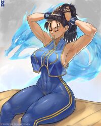 1girls 2023 abs adjusting_hair athletic_female big_breasts bodysuit brown_hair capcom chun-li closed_eyes female female_only fully_clothed howxen large_breasts light-skinned_female muscular_female perky_breasts sitting slim_waist solo street_fighter street_fighter_alpha thick_thighs wide_hips