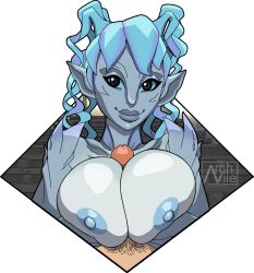 1boy 1girls archvile_(artist) areolae big_breasts blue_eyes blue_hair breasts female guild_wars guild_wars_2 humanoid male nipples nude nude_female paizuri penis plant_girl plant_humanoid pointy_ears pov pov_male smile sylvari titjob topless twintails