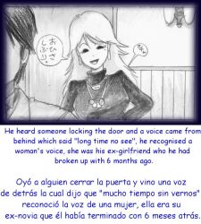 1boy 1girls black_and_white black_hair comic english_text groom long_hair milda7 short_hair spanish_text suit text translated