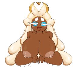 areola areolae blonde_hair blue_eyes cookie_run cookie_run_kingdom cowgirl_position dark-skinned_female dark_skin heart-shaped_pupils huge_breasts mozzarella_cookie tagme wink