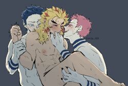 3boys akaza_(kimetsu_no_yaiba) black_hair blonde_hair blush completely_nude demon_slayer double_penetration dual_persona finger_in_mouth fingers_in_mouth from_behind gay hakuji implied_anal implied_sex kimetsu_no_yaiba leg_grab male male_only mmm_threesome neck_tattoo nude pink_hair questionable_consent rengoku_kyoujurou smile sweat tattoos threesome two_tone_hair white_skin wrist_grab yaoi