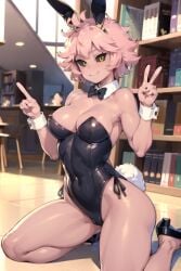 ai_generated aiposter bunny_tail bunnysuit horns kneeling library looking_at_viewer medium_breasts mina_ashido my_hero_academia peace_sign pink_hair smile yellow_eyes