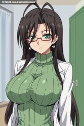 ai_generated aindroidparanoid ass big_breasts brown_hair busty curvy fat_ass female female_only glasses green_eyes hasegawa_chisato huge_breasts indoor lab_coat large_breasts long_hair massive_breasts narrowed_eyes nipples school shinmai_maou_no_testament skirt slim_waist stable_diffusion straight_hair sweater teacher tight_clothing voluptuous