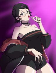 bare_shoulders boruto:_naruto_next_generations boruto:_two_blue_vortex candy cleavage collar earrings eyewear_on_head glasses holding_object jacket jacket_off_shoulders kmkz-art lollipop naruto naruto_(series) necklace no_bra pendant pinup revealing_clothes sarada_uchiha sexually_suggestive shorts skimpy skimpy_clothes sucking sucking_lollipop suggestive thick_thighs thighs tubetop uchiha_symbol