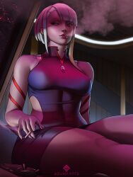 1girls azuma_yasuo azumaarts big_ass big_breasts cd_projekt_red cigarette cyberpunk:_edgerunners female female_only femdom lucyna_kushinada nipple_bulge studio_trigger thick_thighs upskirt