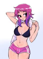 1girls arm_behind_head arm_up armpits black_bra black_eyes black_nails bra dyed_hair exposed_belly eyebrows_visible_through_hair female gradient_background gym_shorts light-skinned_female light_skin megrocks nail_polish pink_hair purple_hair ramona_flowers scott_pilgrim shiny_hair shiny_skin short_hair shorts simple_background solo solo_female standing sweat sweaty_body teenage_girl teenager towel two_tone_bottomwear two_tone_hair wet wet_body